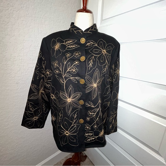 Julia Kim Embroidered Sequins Floral Print Decorative Button Front Jacket Coat - Picture 1 of 8